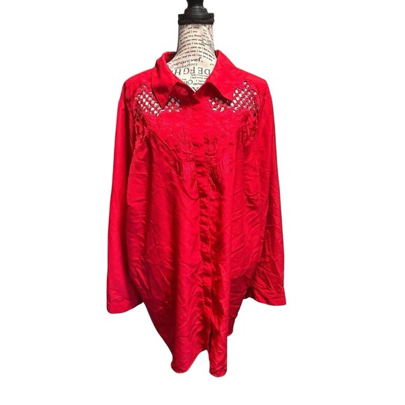 Denim 24/7 Womans Button Up Top Red 28W Floral Cutouts  Long Sleeve Collared - Picture 1 of 7